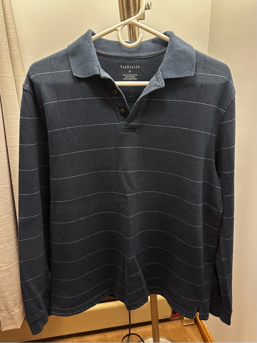 Men's Navy Windowpane Long-Sleeve Polo